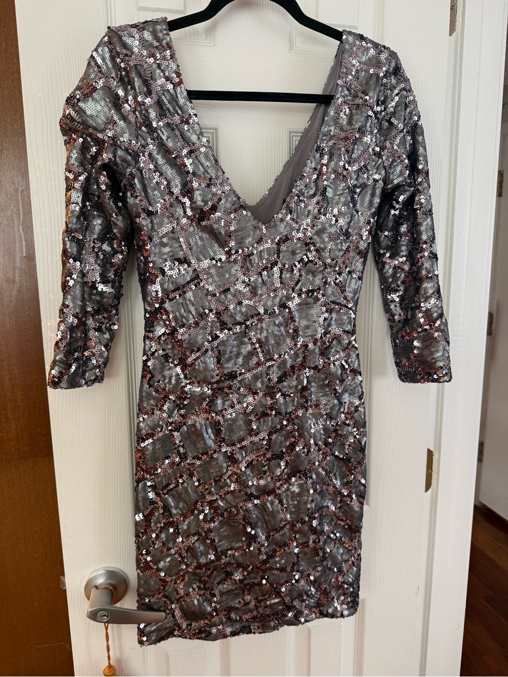 Abyss by Abby Silver Sequin Dress Gown Size Large L